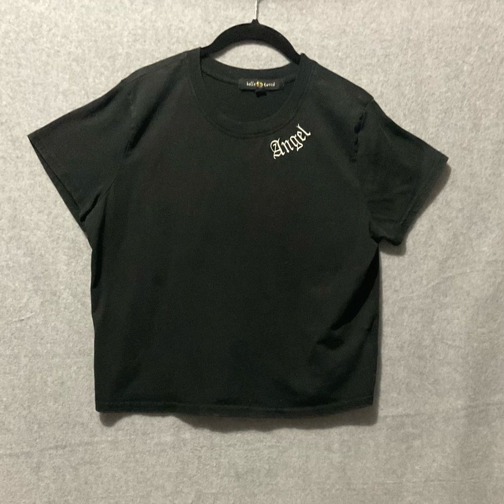 Belle & Tweed Women’s Black Crop Tee - "Angel" Embroidered Graphic - Size L